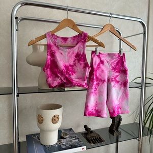 Electric & Rose Hot Pink Tie Dye Workout Set Bra Shorts (XS)
